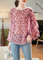 Loose Pink O Neck Print Chiffon Shirt Tops Long Sleeve