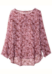 Loose Pink O Neck Print Chiffon Shirt Tops Long Sleeve