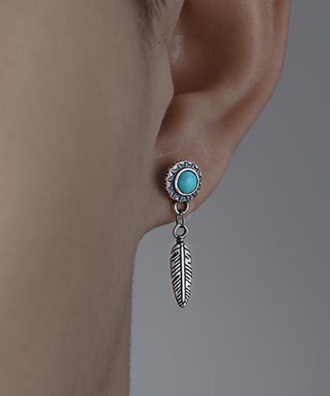 Men Blue Sterling Silver Turquoise Feather Stud Earrings