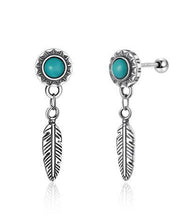 Men Blue Sterling Silver Turquoise Feather Stud Earrings