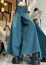 Modern Blue Button Pockets High Waist Denim Pants Fall