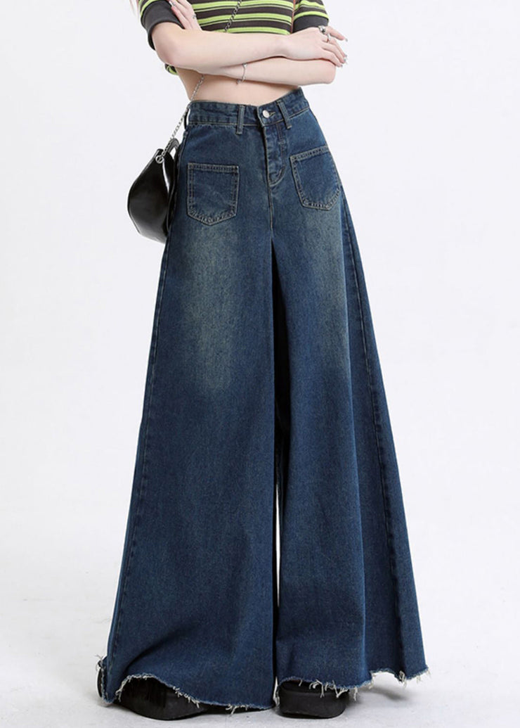 Modern Denim Blue Pockets High Waist Wide Leg Pants Fall