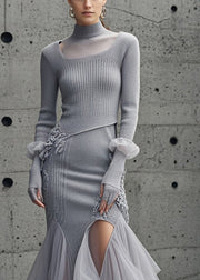 Modern Grey Asymmetrical Patchwork Tulle Knitted Wraped Dress Fall