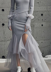 Modern Grey Asymmetrical Patchwork Tulle Knitted Wraped Dress Fall