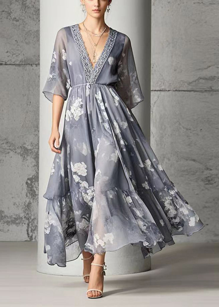 Modern Grey V Neck Print Chiffon Long Dress Summer