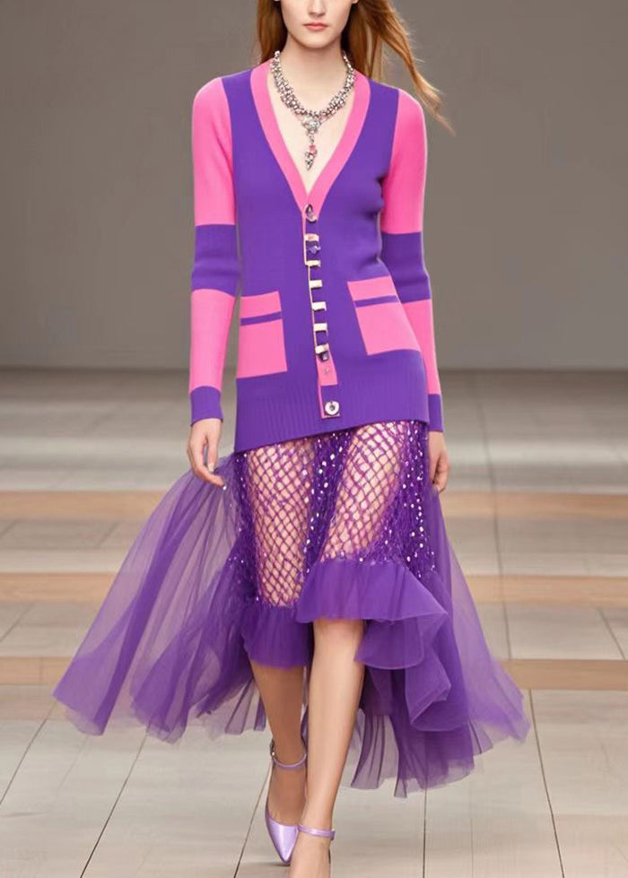 Modern Purple V Neck Patchwork Tulle Knitted Dress Fall