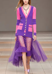 Modern Purple V Neck Patchwork Tulle Knitted Dress Fall