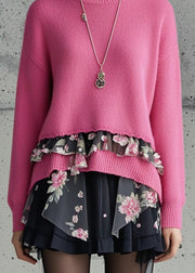 Modern Rose Asymmetrical Patchwork Print Sweaters Fall