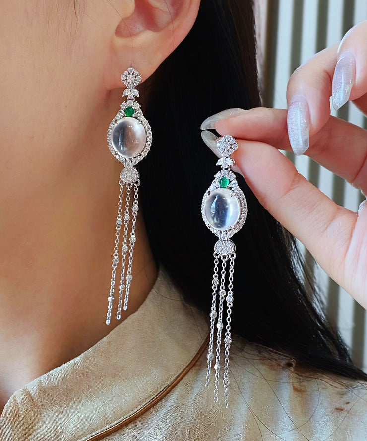 Modern Silk Sterling Silver Overgild Zircon Jade Tassel Drop Earrings