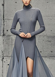 Natural Grey Patchwork Tulle Knitted Wraped Dress Side Open Fall