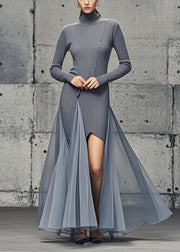 Natural Grey Patchwork Tulle Knitted Wraped Dress Side Open Fall