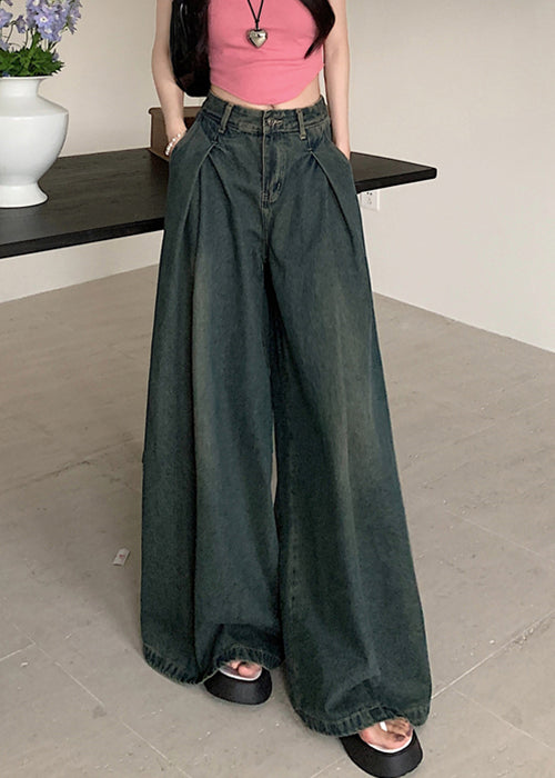 New Blue Pockets High Waist Denim Wide Leg Pants Summer