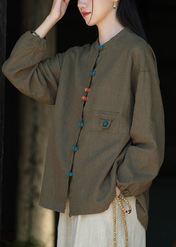 New Chinese Style Blackish Green Oriental Button Linen Coat Autumn