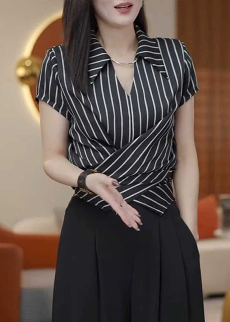 New Fashion Black Stripe Peter Pan Collar Chiffon Top Summer