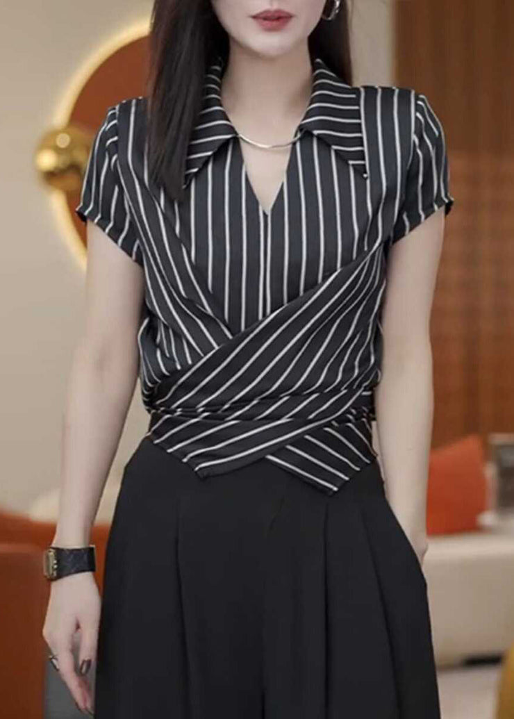 New Fashion Black Stripe Peter Pan Collar Chiffon Top Summer