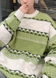 New Green O Neck Cozy Patchwork Knit Men Sweaters Fall