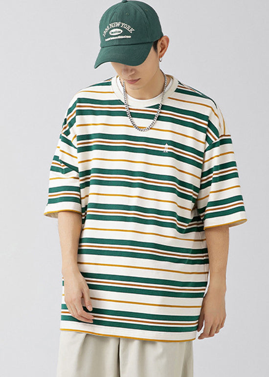 New Green O Neck Striped Cotton Men T Shirt Summer