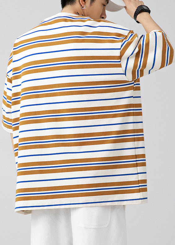 New Green O Neck Striped Cotton Men T Shirt Summer