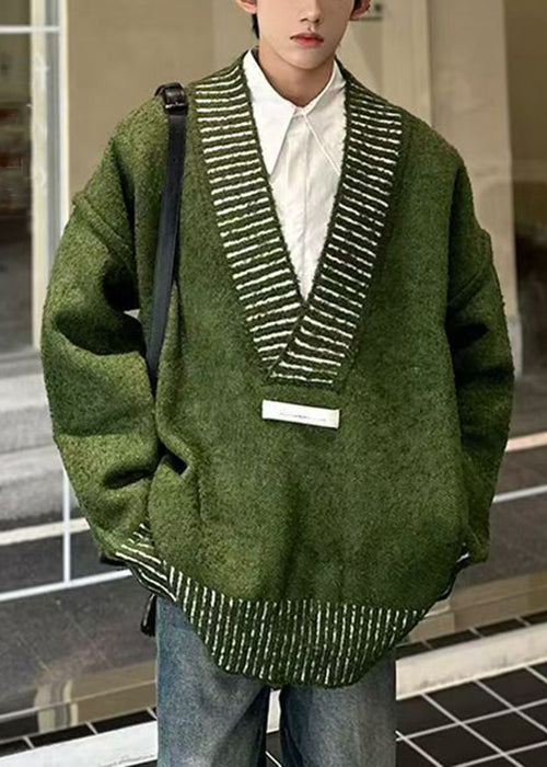 New Green V Neck Cozy Knit Men Sweaters Fall