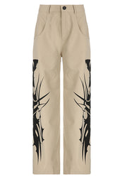 New Khaki Print Pockets High Waist Cotton Pants Summer