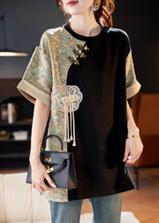 New Retro Black O Neck Tasseled Jacquard Patchwork Cotton T Shirts Summer