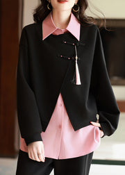 New Retro Black Peter Pan Collar Tassel Patchwork Cotton Shirt Fall