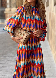 New Stand Collar Geometric Print Cotton Long Dresses Lantern Sleeve