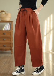 Orange Pockets Loose Cotton Pants Elastic Waist Fall