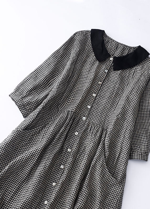 Organic Black Plaid Peter Pan Collar Patchwork Linen Dresses Summer