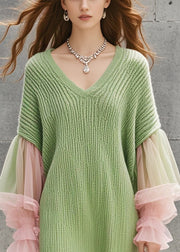 Organic Grass Green V Neck Patchwork Tulle Knit Dress Lantern Sleeve