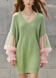 Organic Grass Green V Neck Patchwork Tulle Knit Dress Lantern Sleeve