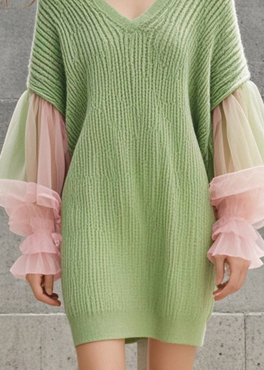 Organic Grass Green V Neck Patchwork Tulle Knit Dress Lantern Sleeve