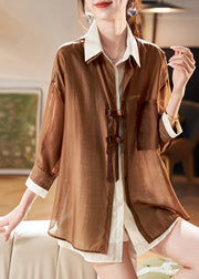 Original Coffee Peter Pan Collar False Two Pieces Chiffon Shirts Long Sleeve