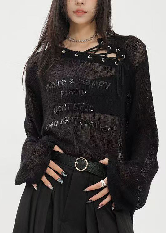 Original Design Black Letter Sequins Drawstring Knit Top Fall