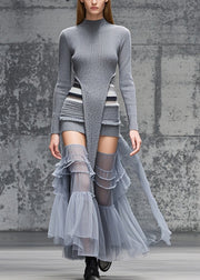 Original Design Grey Patchwork Tulle Knitwear Sexy Dress Fall