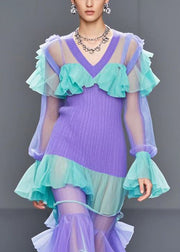 Original Design Purple V Neck Patchwork Tulle Knit Dress Fall