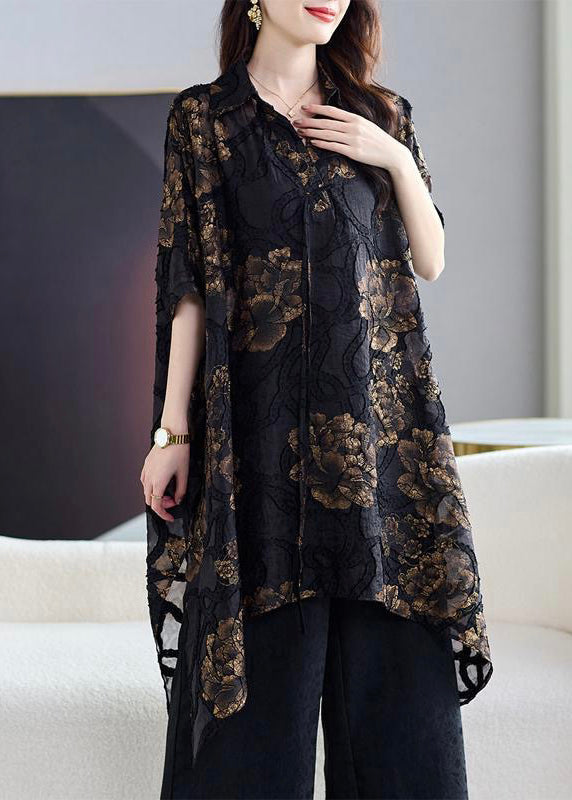 Plus Size Black Asymmetrical Print Chiffon Cardigans Summer