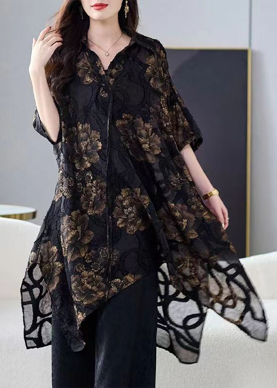 Plus Size Black Asymmetrical Print Chiffon Cardigans Summer