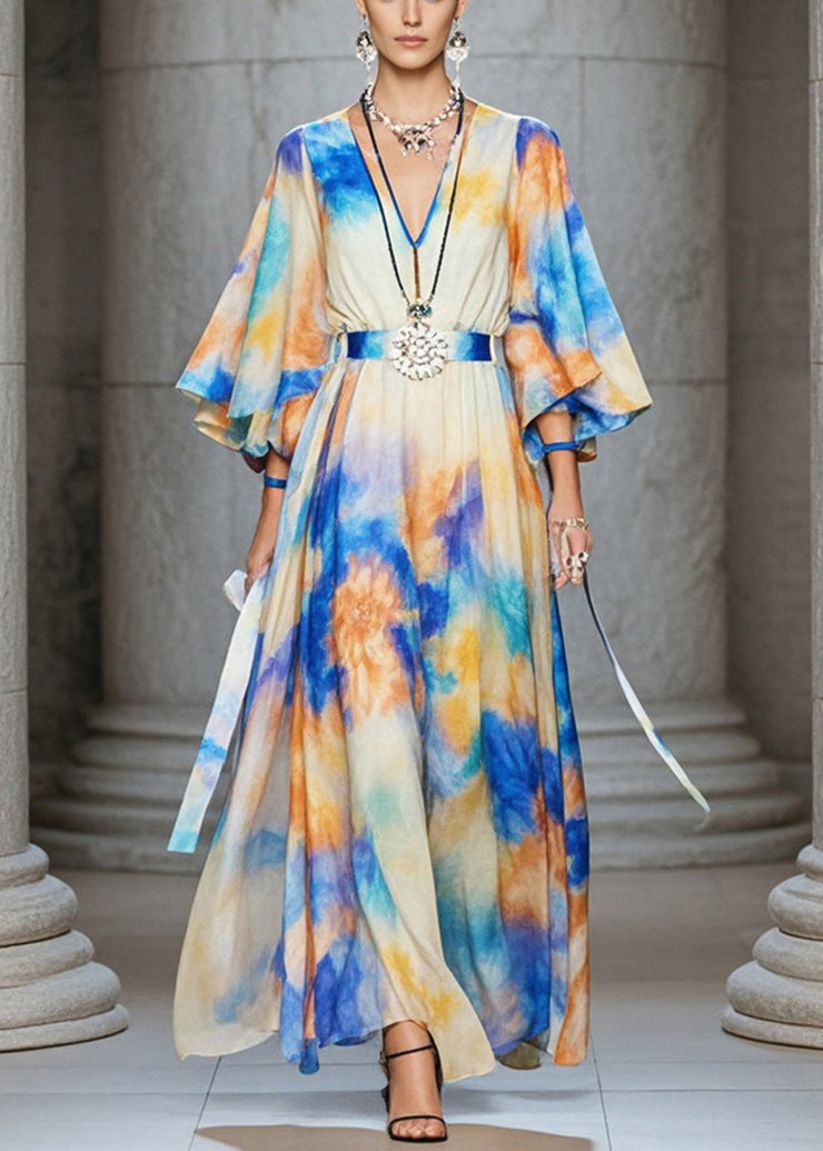 Plus Size Cinched Tie Dye Chiffon Maxi Dresses Flare Sleeve