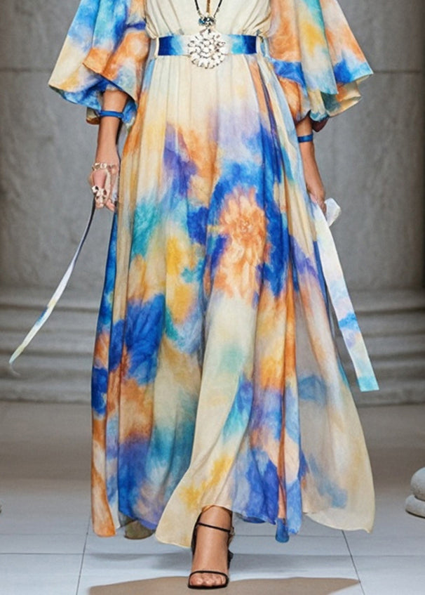 Plus Size Cinched Tie Dye Chiffon Maxi Dresses Flare Sleeve