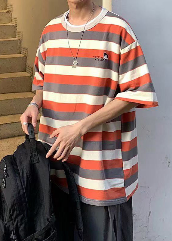 Plus Size Orange O Neck Striped Cotton Men T Shirt Summer