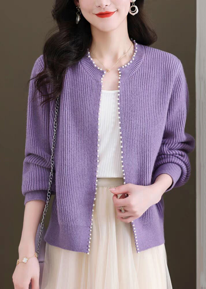 Purple Nail Bead Solid Knit Fall Cardigan O Neck