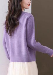 Purple Nail Bead Solid Knit Fall Cardigan O Neck