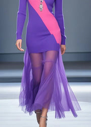 Purple Patchwork Tulle Knit Wraped Dress V Neck Fall