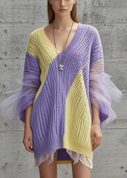 Purple Patchwork Tulle Sweater Dress V Neck Fall