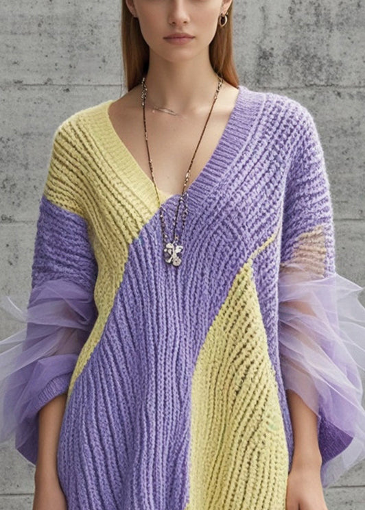 Purple Patchwork Tulle Sweater Dress V Neck Fall