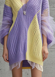 Purple Patchwork Tulle Sweater Dress V Neck Fall