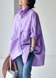 Purple Peter Pan Collar Low High Design Cotton Shirt Long Sleeve