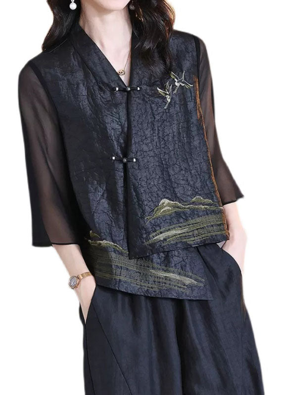 Retro Black V Neck Patchwork Chinese Button Silk Coats Bracelet Sleeve