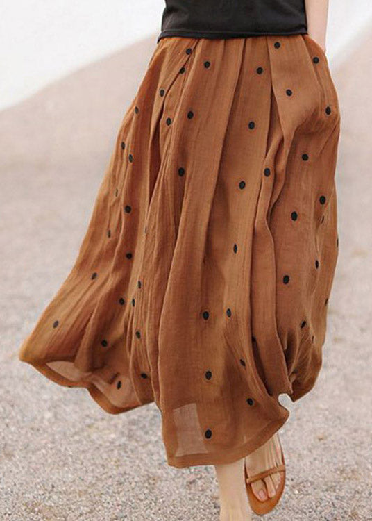 Retro Chocolate Dot Print Pockets Linen Skirt Summer